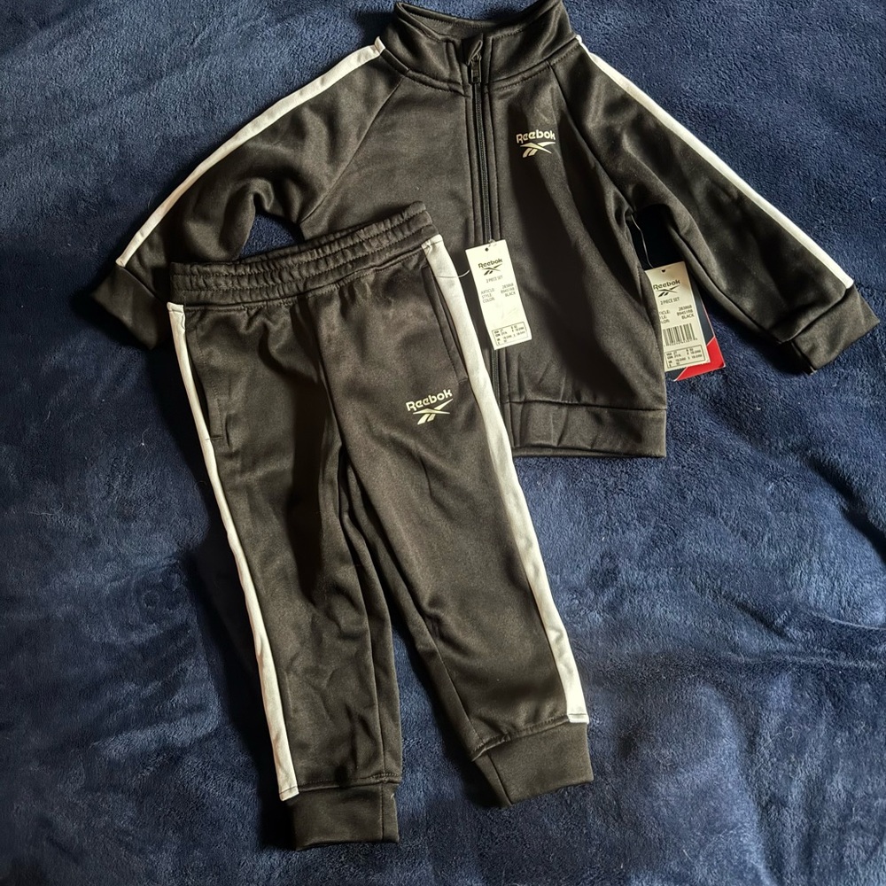 Reebok Kids Black Jogger Set with White Stripes
